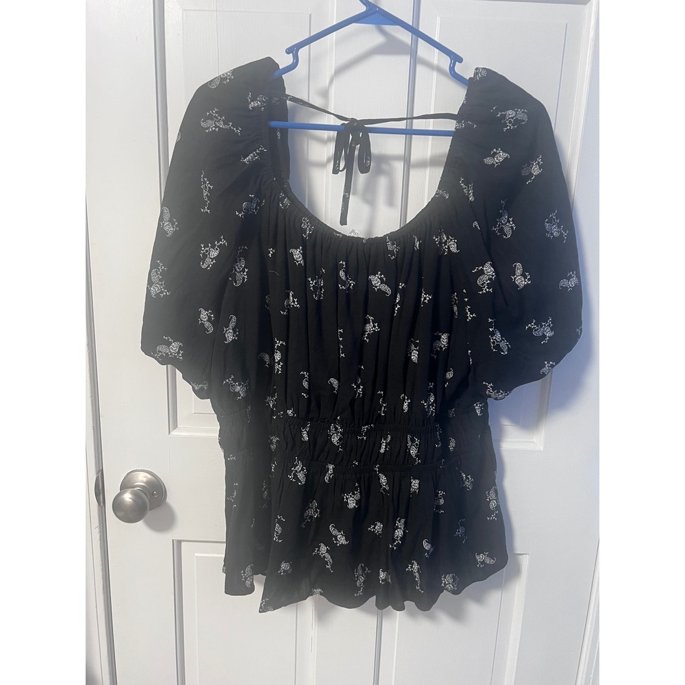 Maurices Womens XXL Black Paisley Smocked Peplum Top Puff Sleeve Square Neck NWT - Picture 4 of 4